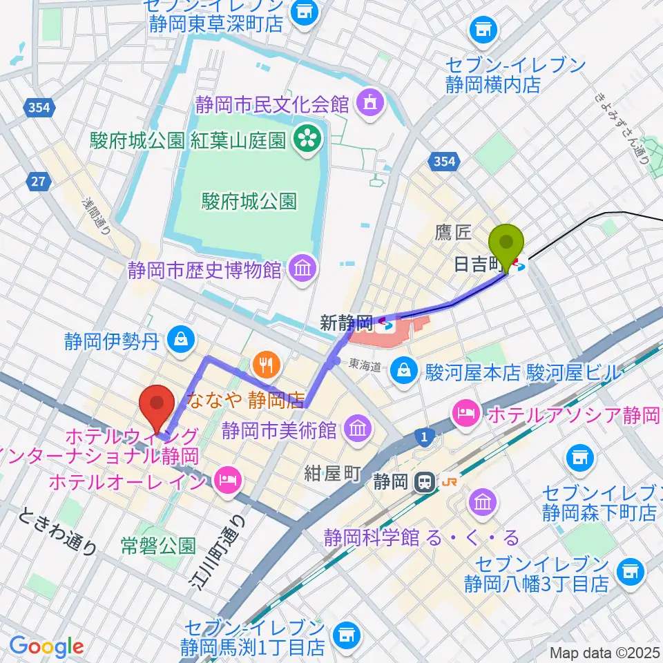 日吉町駅から静岡東宝会館へのルートマップ地図