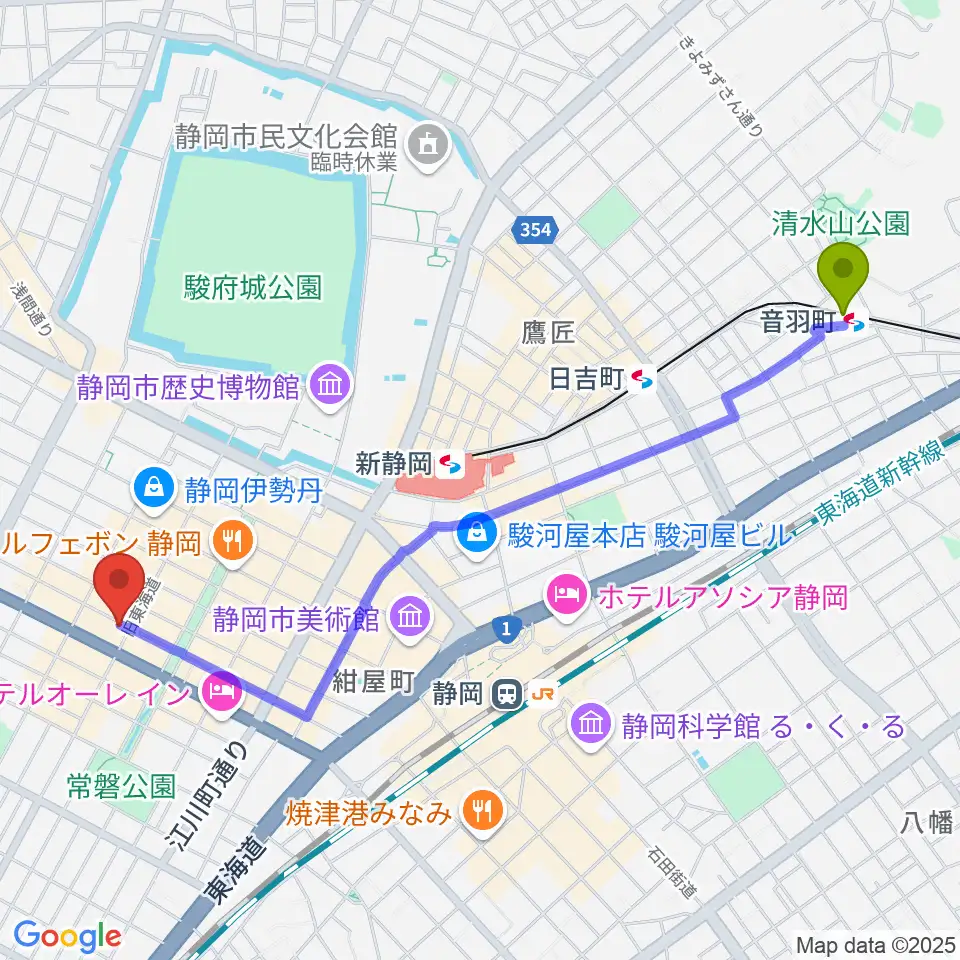 音羽町駅から静岡東宝会館へのルートマップ地図