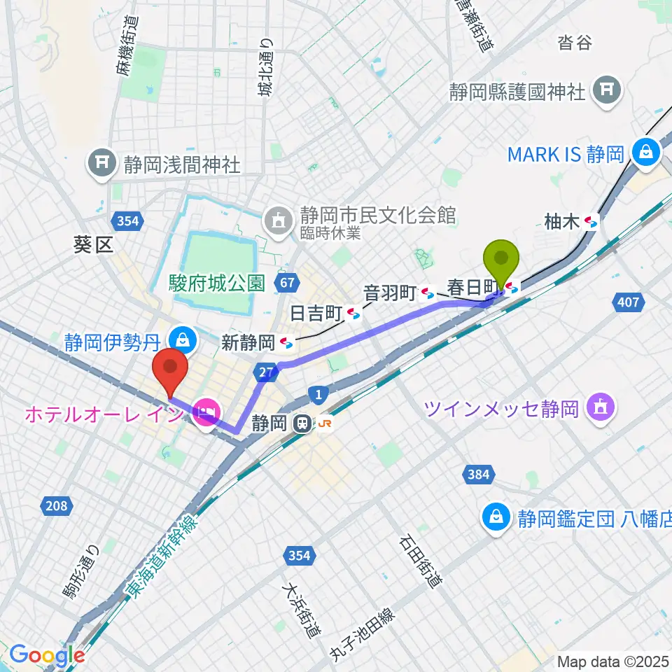春日町駅から静岡東宝会館へのルートマップ地図