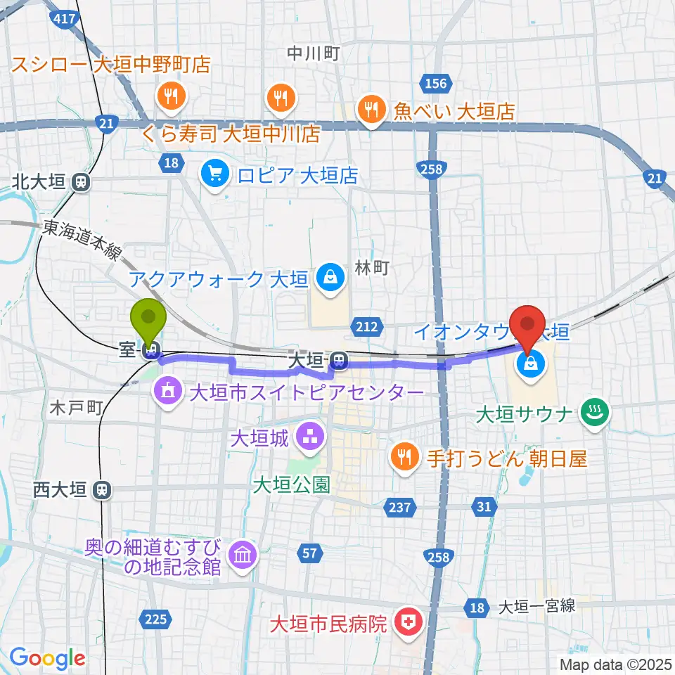 室駅からシネマワールド大垣へのルートマップ地図