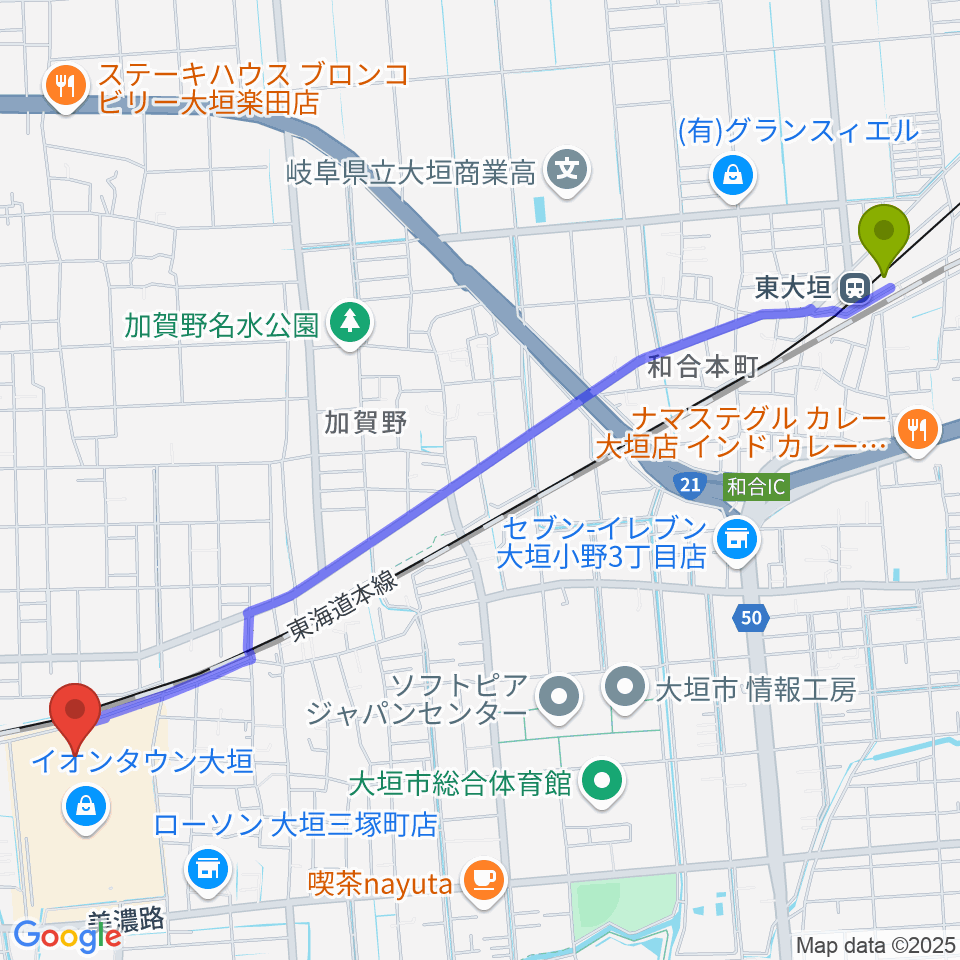 東大垣駅からシネマワールド大垣へのルートマップ地図