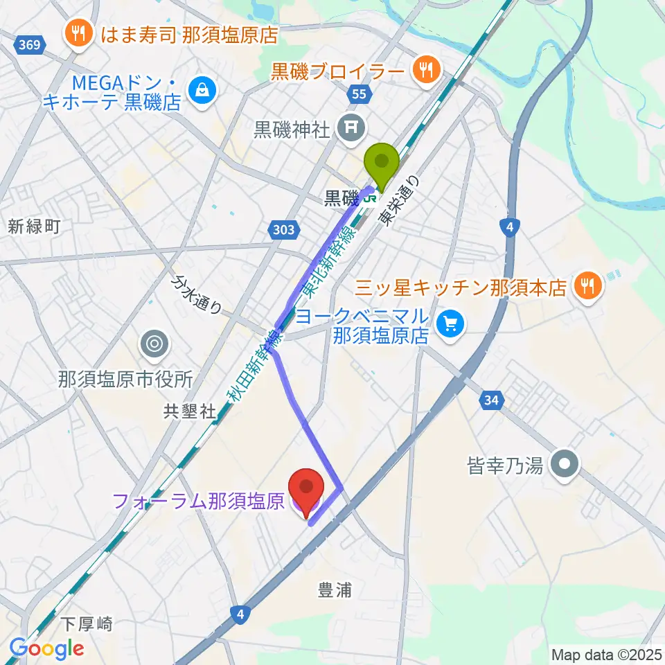 フォーラム那須塩原の最寄駅黒磯駅からの徒歩ルート（約31分）地図