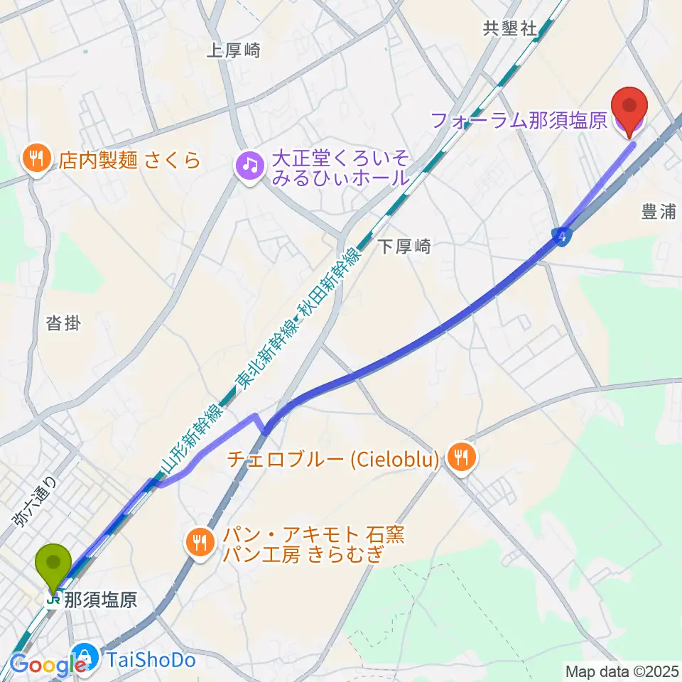 那須塩原駅からフォーラム那須塩原へのルートマップ地図