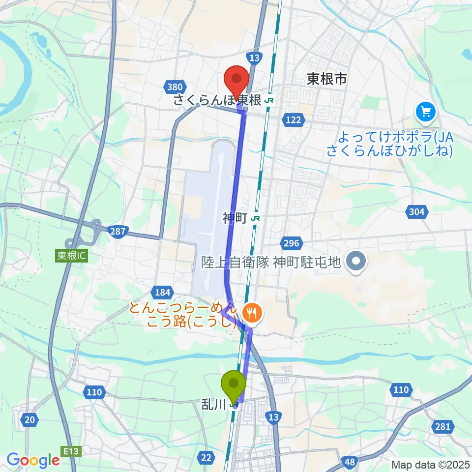 乱川駅からフォーラム東根へのルートマップ地図
