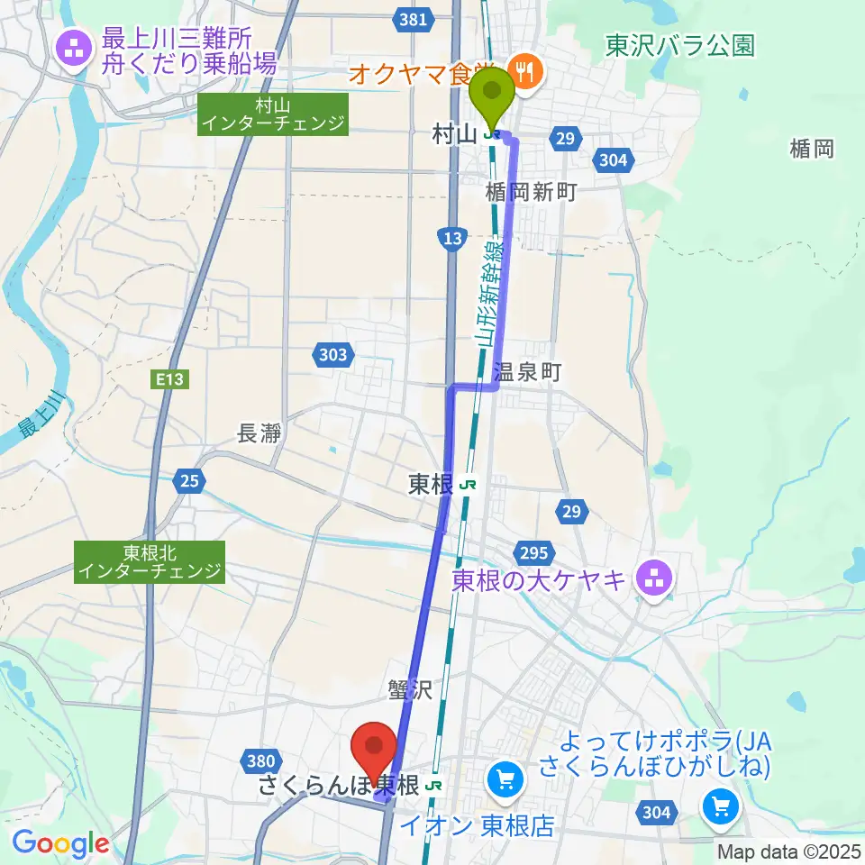 村山駅からフォーラム東根へのルートマップ地図