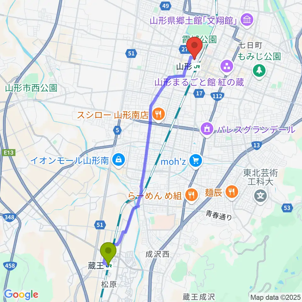 蔵王駅からソラリス山形へのルートマップ地図