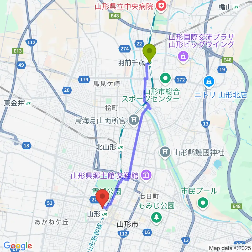 羽前千歳駅からソラリス山形へのルートマップ地図