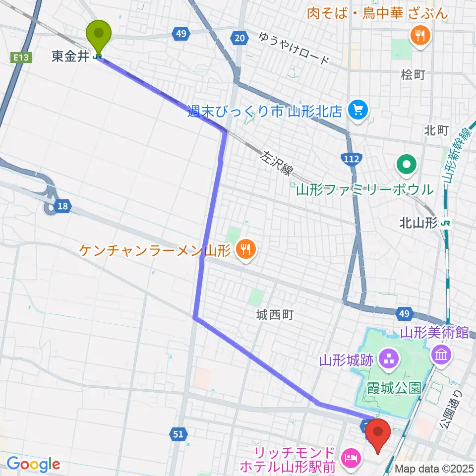 東金井駅からソラリス山形へのルートマップ地図