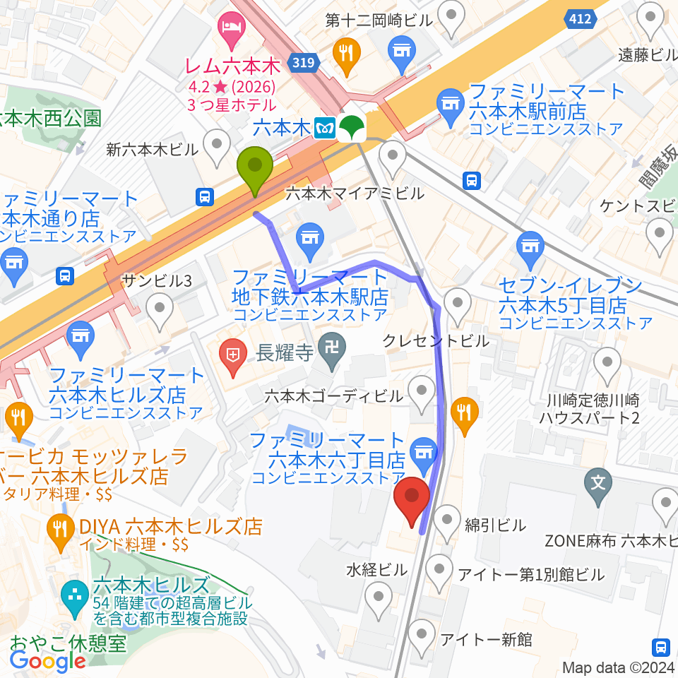 六本木トリコロールシアターの最寄駅六本木駅からの徒歩ルート（約4分）地図