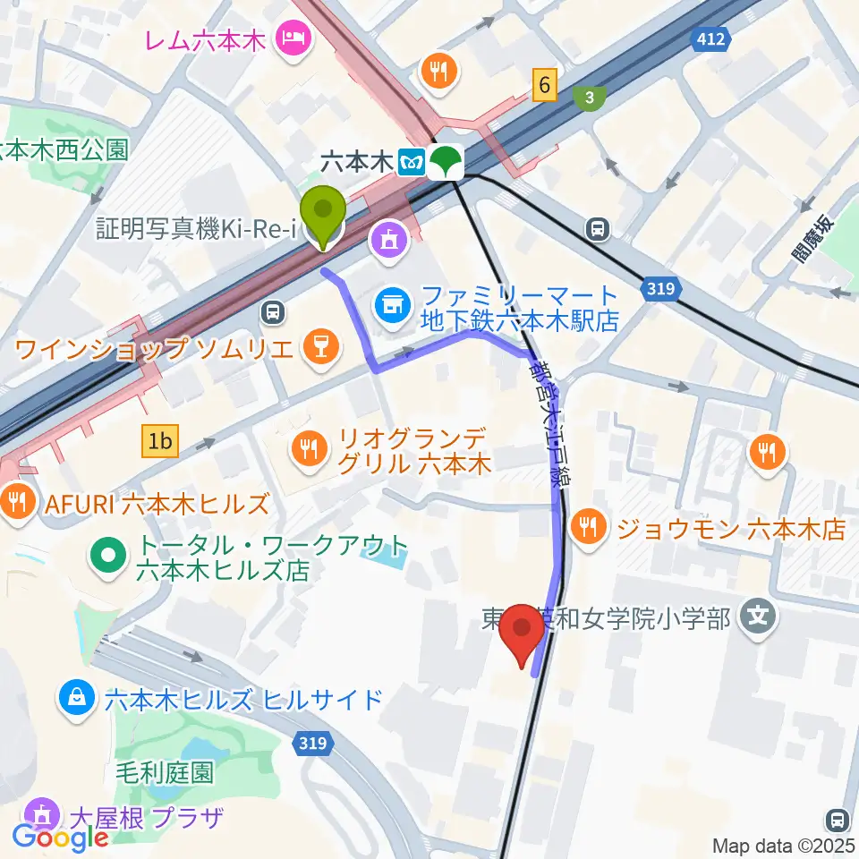 六本木トリコロールシアターの最寄駅六本木駅からの徒歩ルート（約4分）地図