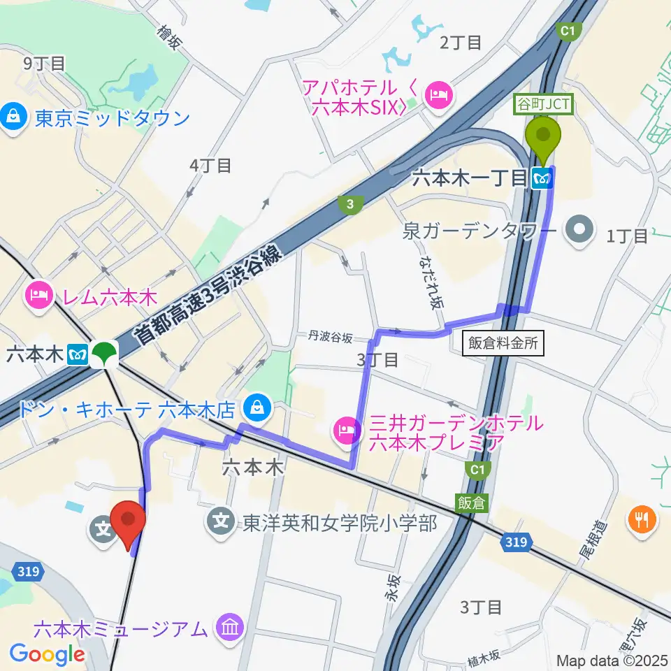 六本木一丁目駅から六本木トリコロールシアターへのルートマップ地図