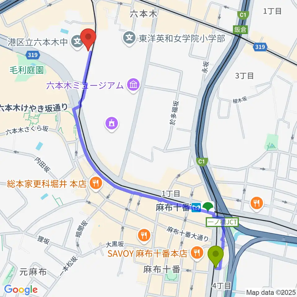 麻布十番駅から六本木トリコロールシアターへのルートマップ地図