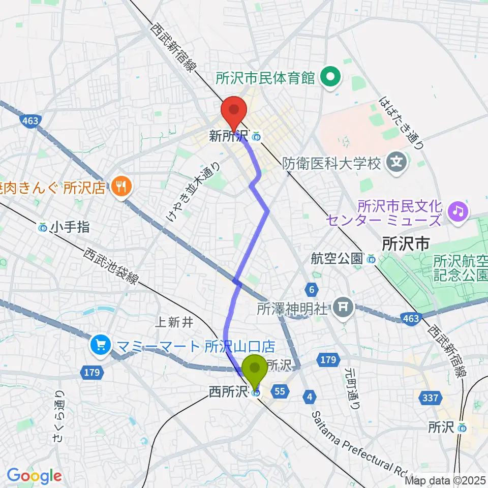 西所沢駅からサワダ楽器修理工房へのルートマップ地図