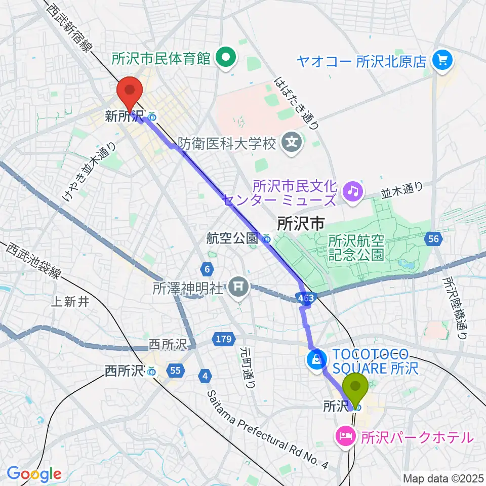 所沢駅からサワダ楽器修理工房へのルートマップ地図