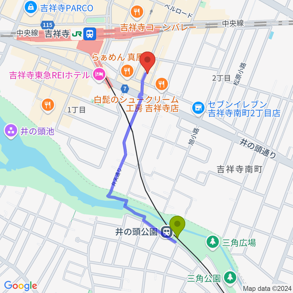 井の頭公園駅から吉祥寺 南郷7丁目へのルートマップ地図