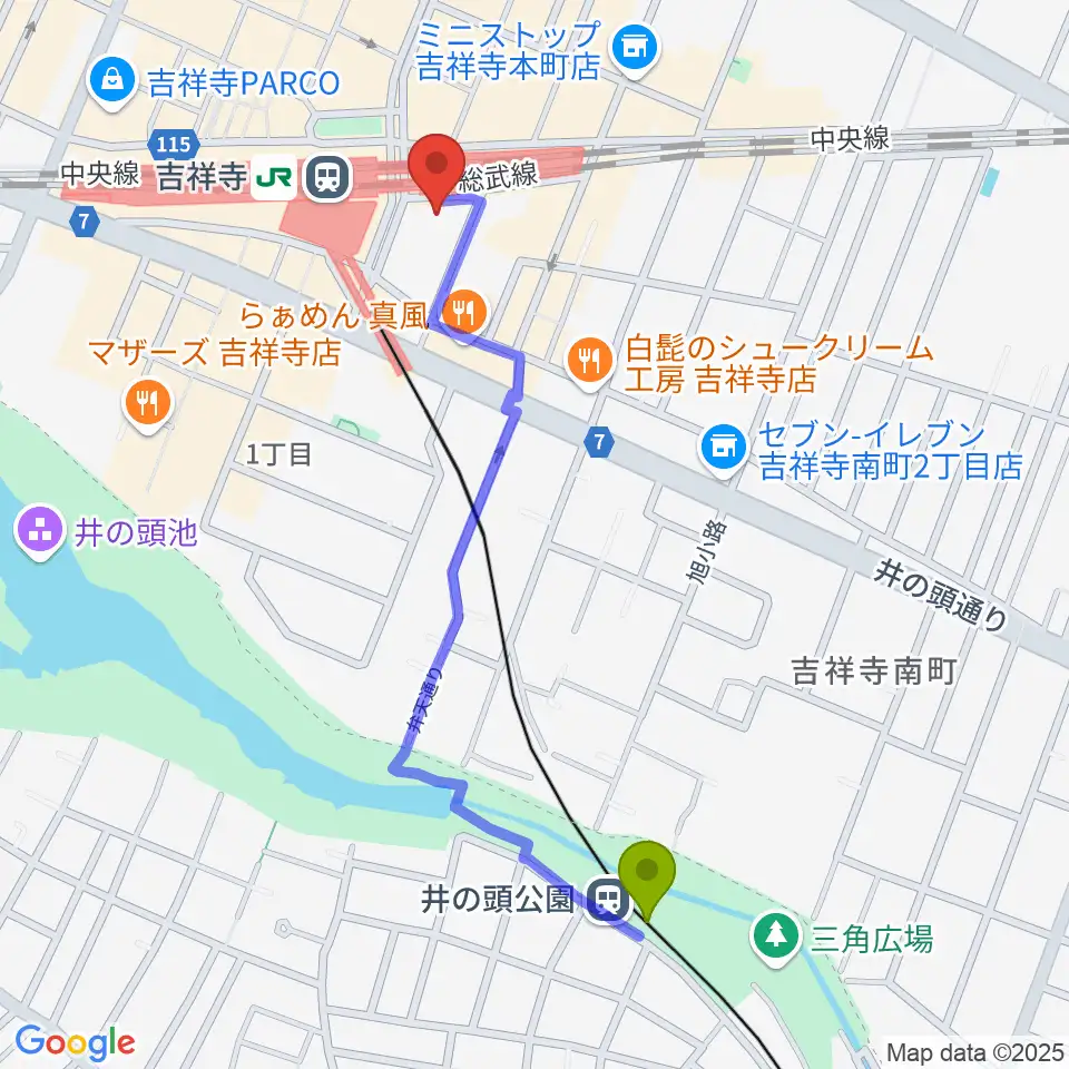 井の頭公園駅から吉祥寺オデヲンへのルートマップ地図