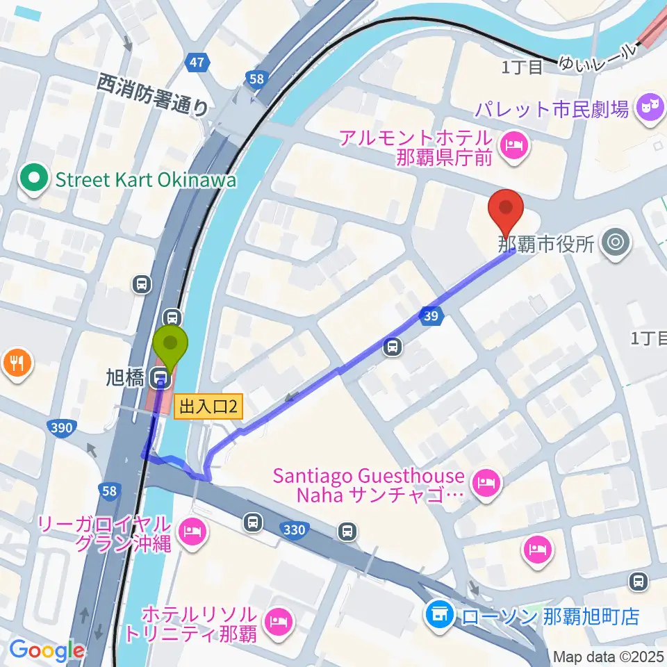 旭橋駅から琉球新報ホールへのルートマップ地図