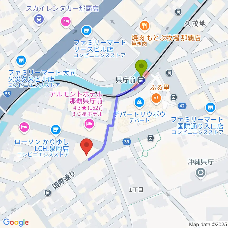 琉球新報ホールの最寄駅県庁前駅からの徒歩ルート（約4分）地図