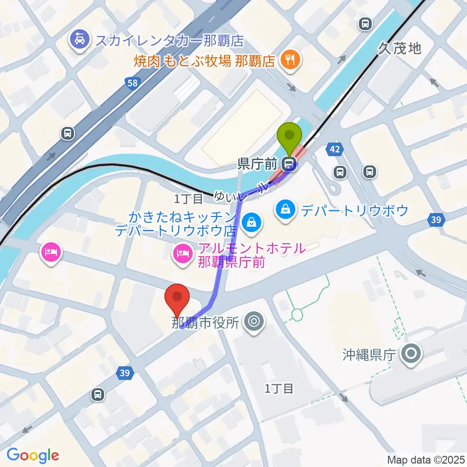 琉球新報ホールの最寄駅県庁前駅からの徒歩ルート（約4分）地図