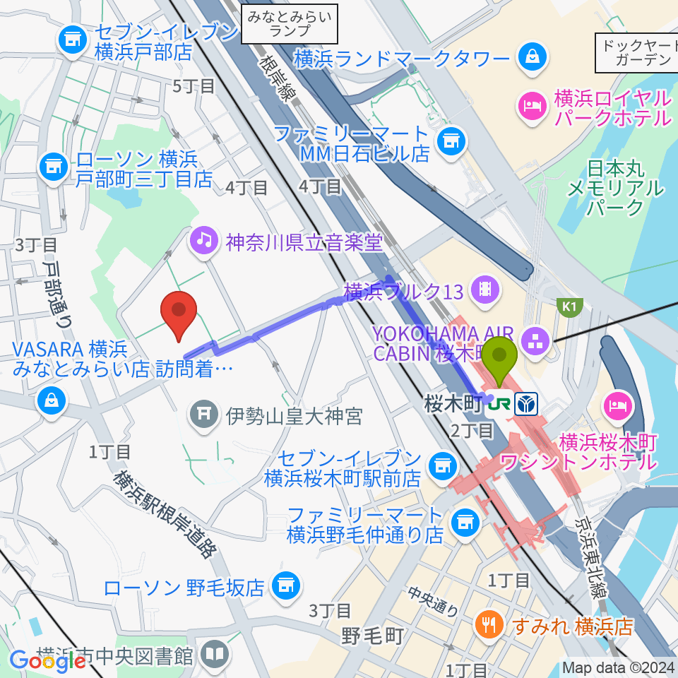 神奈川県立青少年センターの最寄駅桜木町駅からの徒歩ルート（約7分）地図