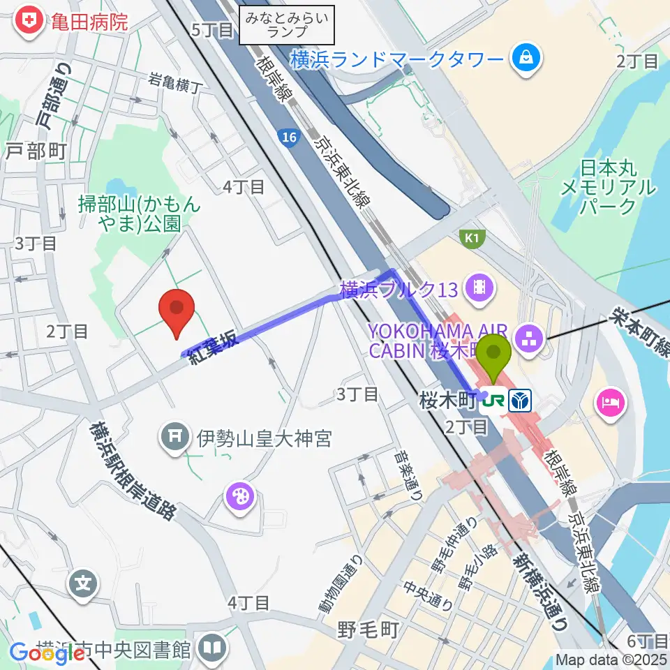 神奈川県立青少年センターの最寄駅桜木町駅からの徒歩ルート（約7分）地図