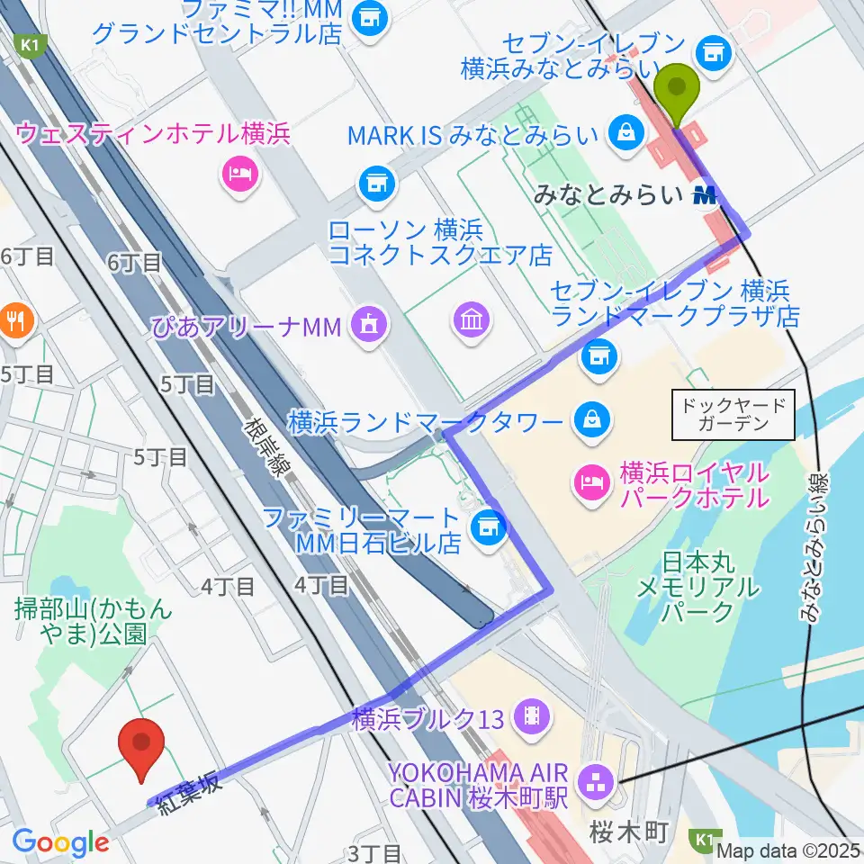 みなとみらい駅から神奈川県立青少年センターへのルートマップ地図