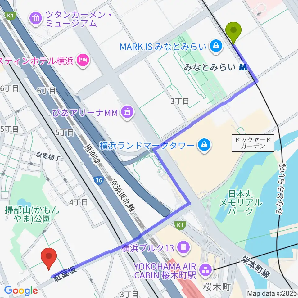 みなとみらい駅から神奈川県立青少年センターへのルートマップ地図