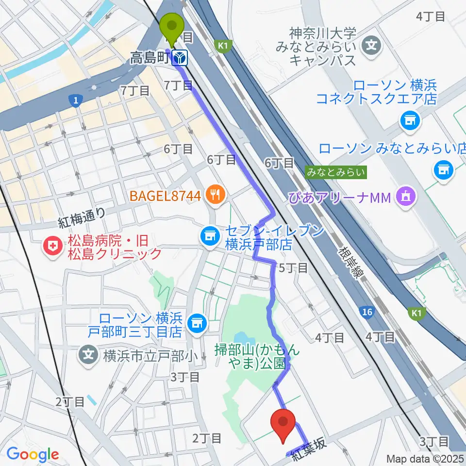 高島町駅から神奈川県立青少年センターへのルートマップ地図