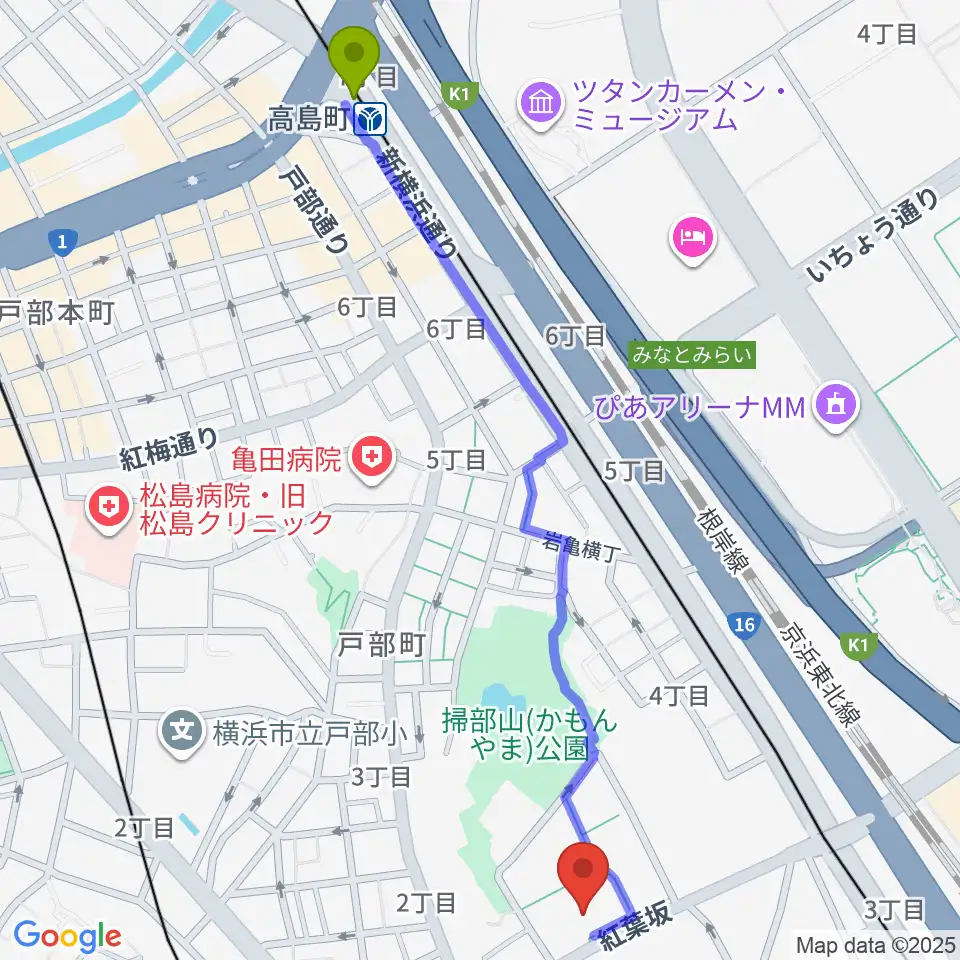 高島町駅から神奈川県立青少年センターへのルートマップ地図
