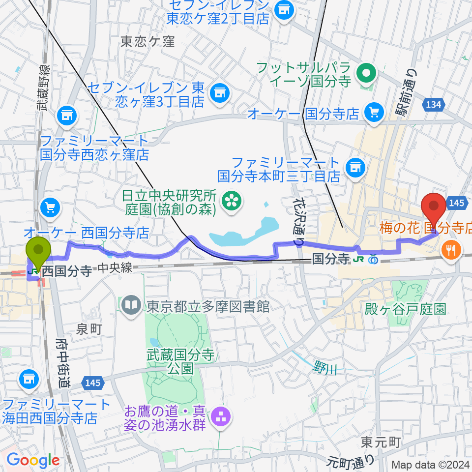 西国分寺駅から国分寺ART×JAZZ M'sへのルートマップ地図