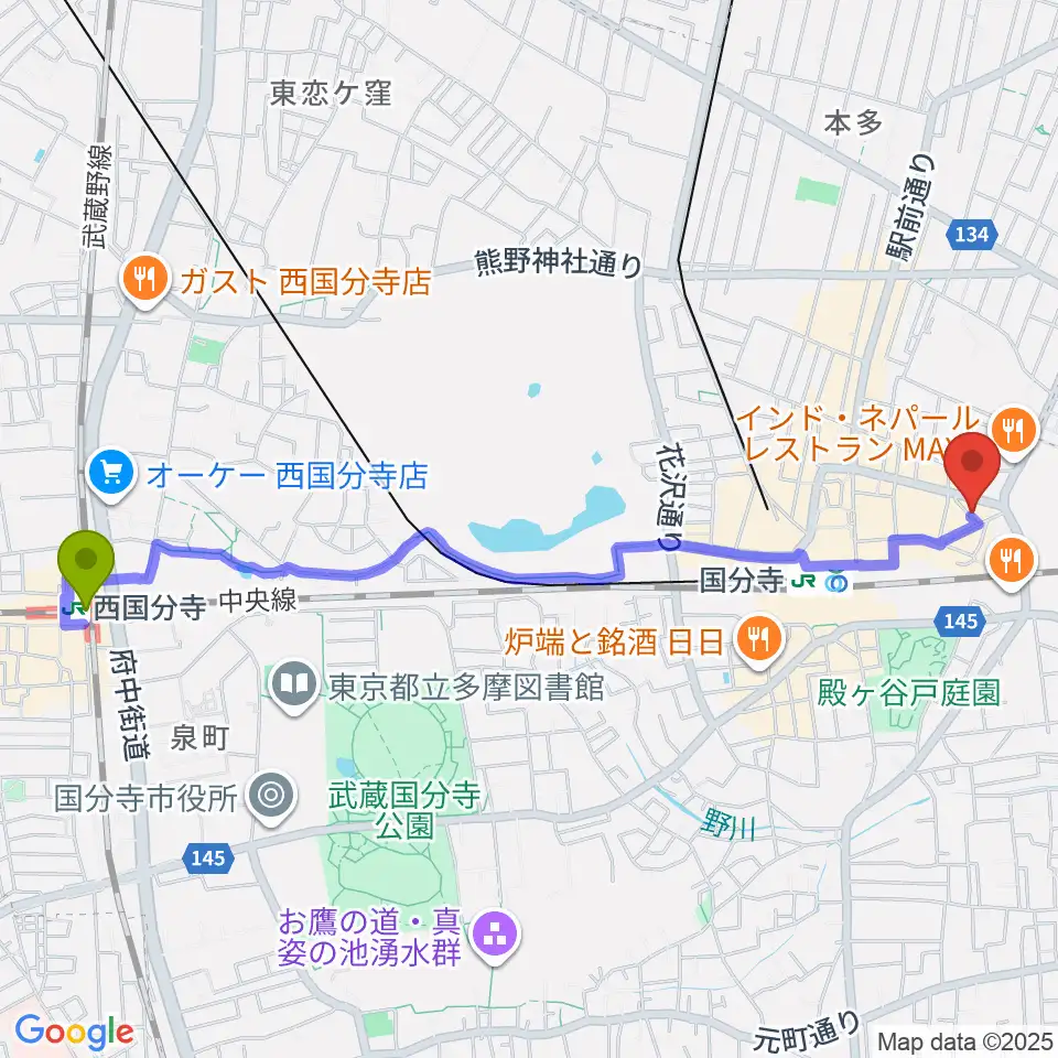 西国分寺駅から国分寺ART×JAZZ M'sへのルートマップ地図