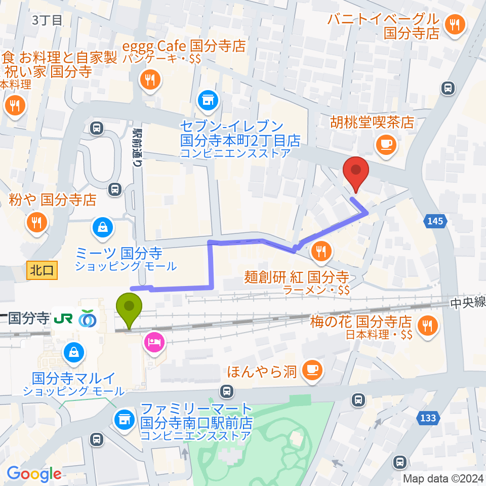 国分寺ART×JAZZ M'sの最寄駅国分寺駅からの徒歩ルート（約4分）地図