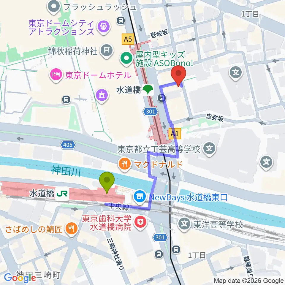 水道橋ftarriの最寄駅水道橋駅からの徒歩ルート 約3分 Mdata