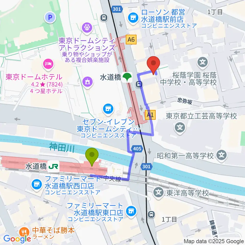 水道橋Ftarriの最寄駅水道橋駅からの徒歩ルート（約3分）地図