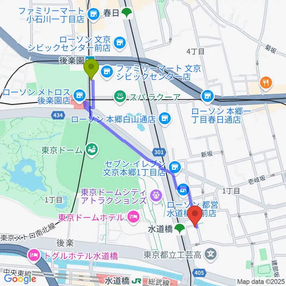 後楽園駅から水道橋Ftarriへのルートマップ地図