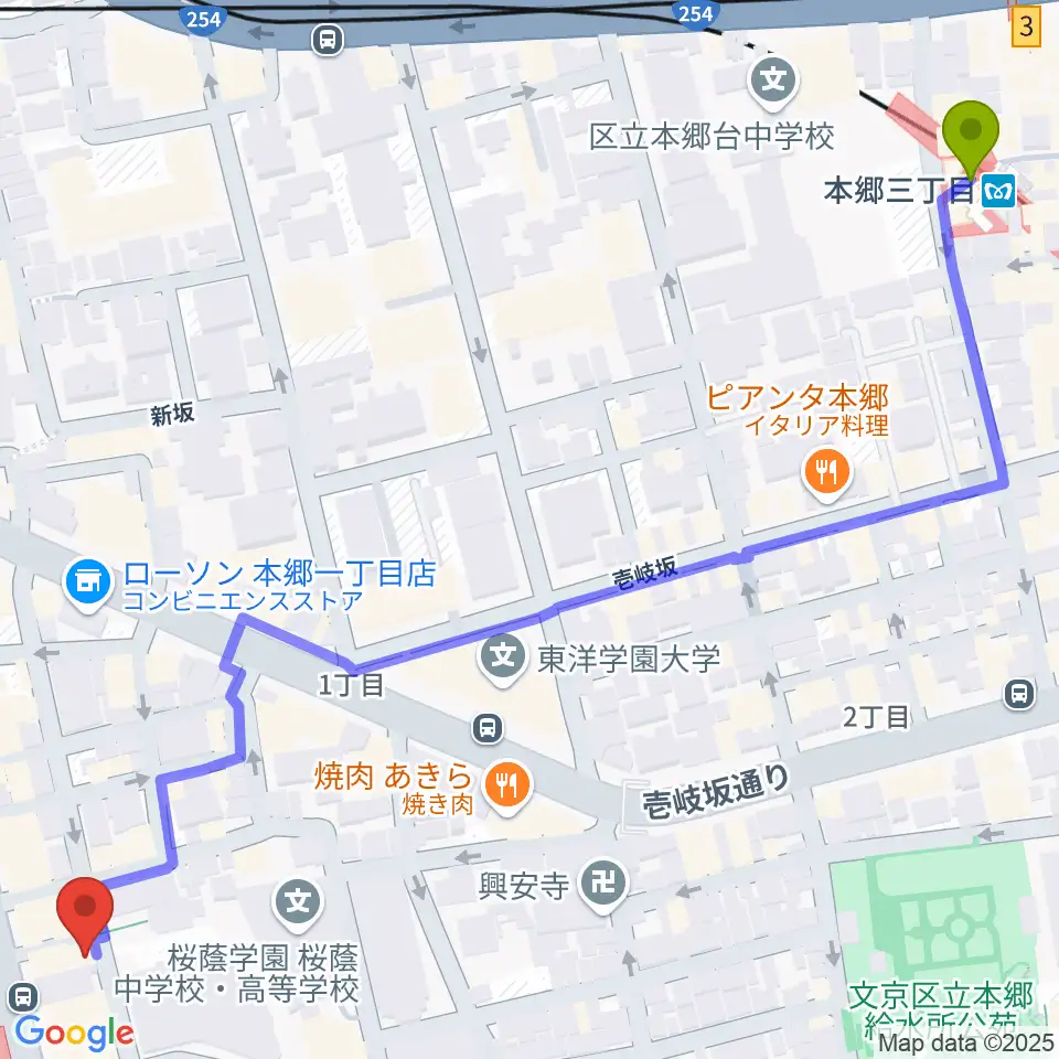 本郷三丁目駅から水道橋Ftarriへのルートマップ地図