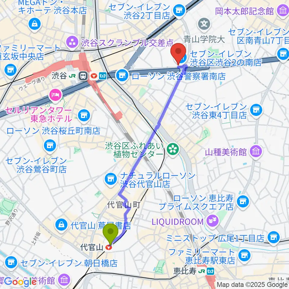 代官山駅から渋谷LOFT HEAVENへのルートマップ地図