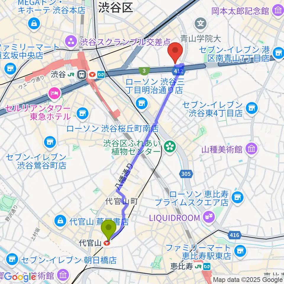 代官山駅から渋谷LOFT HEAVENへのルートマップ地図