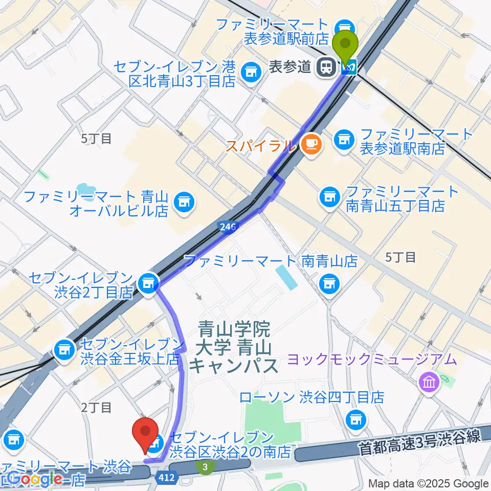 表参道駅から渋谷LOFT HEAVENへのルートマップ地図