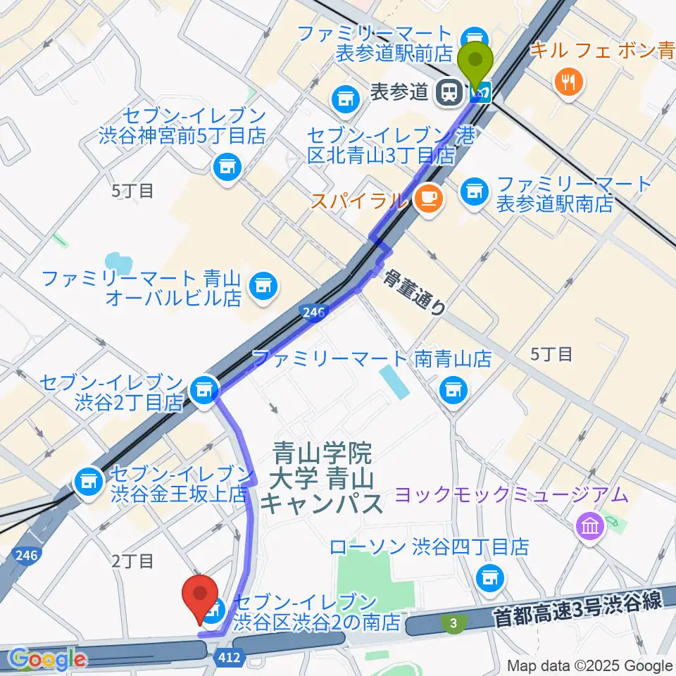 表参道駅から渋谷LOFT HEAVENへのルートマップ地図