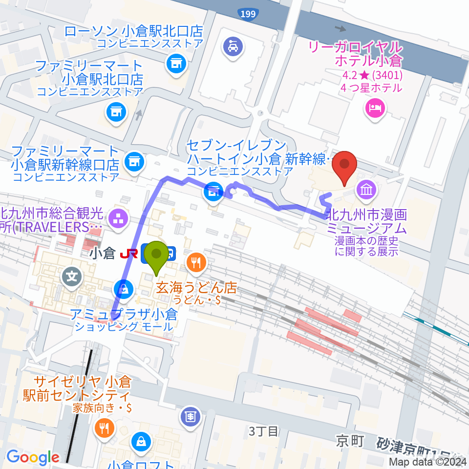 あるあるcity B1Fスタジオの最寄駅小倉駅からの徒歩ルート（約4分）地図