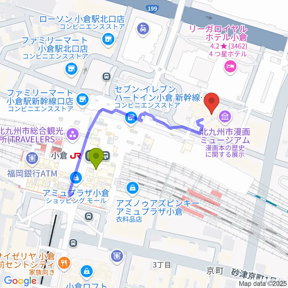 あるあるcity B1Fスタジオの最寄駅小倉駅からの徒歩ルート（約4分）地図