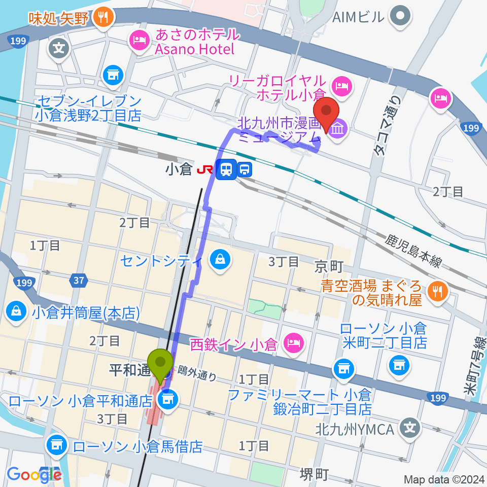 平和通駅からあるあるcity B1Fスタジオへのルートマップ地図