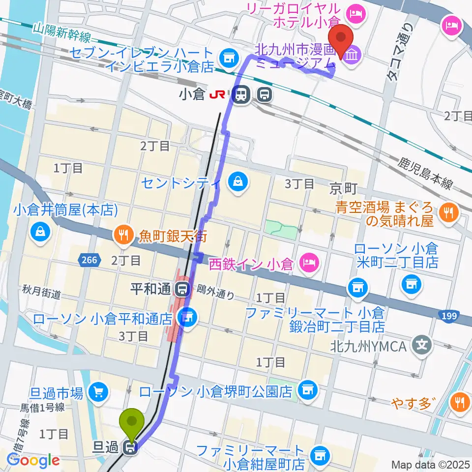 旦過駅からあるあるcity B1Fスタジオへのルートマップ地図