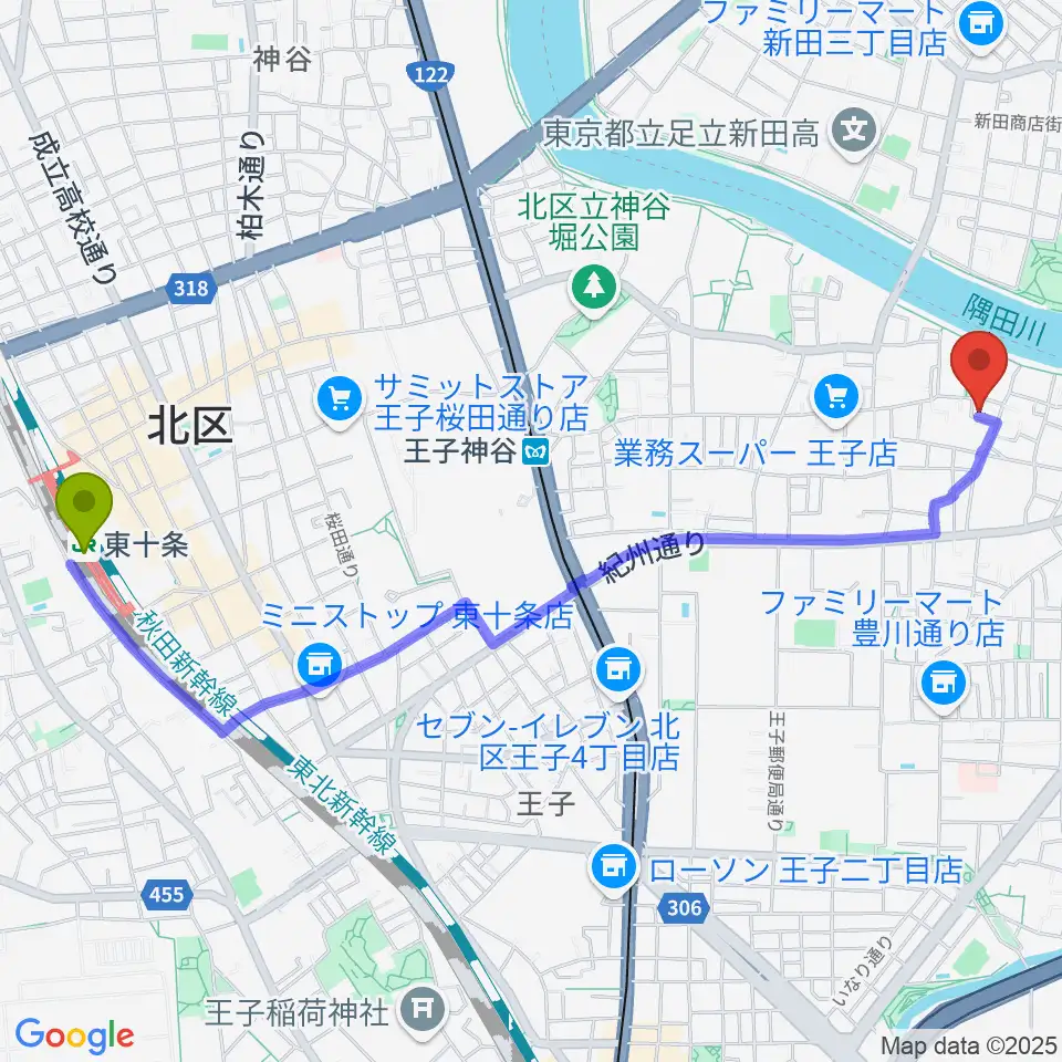 東十条駅から東京バビロンへのルートマップ地図