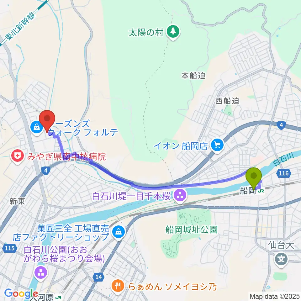 船岡駅からユナイテッド・シネマ フォルテ宮城大河原へのルートマップ地図