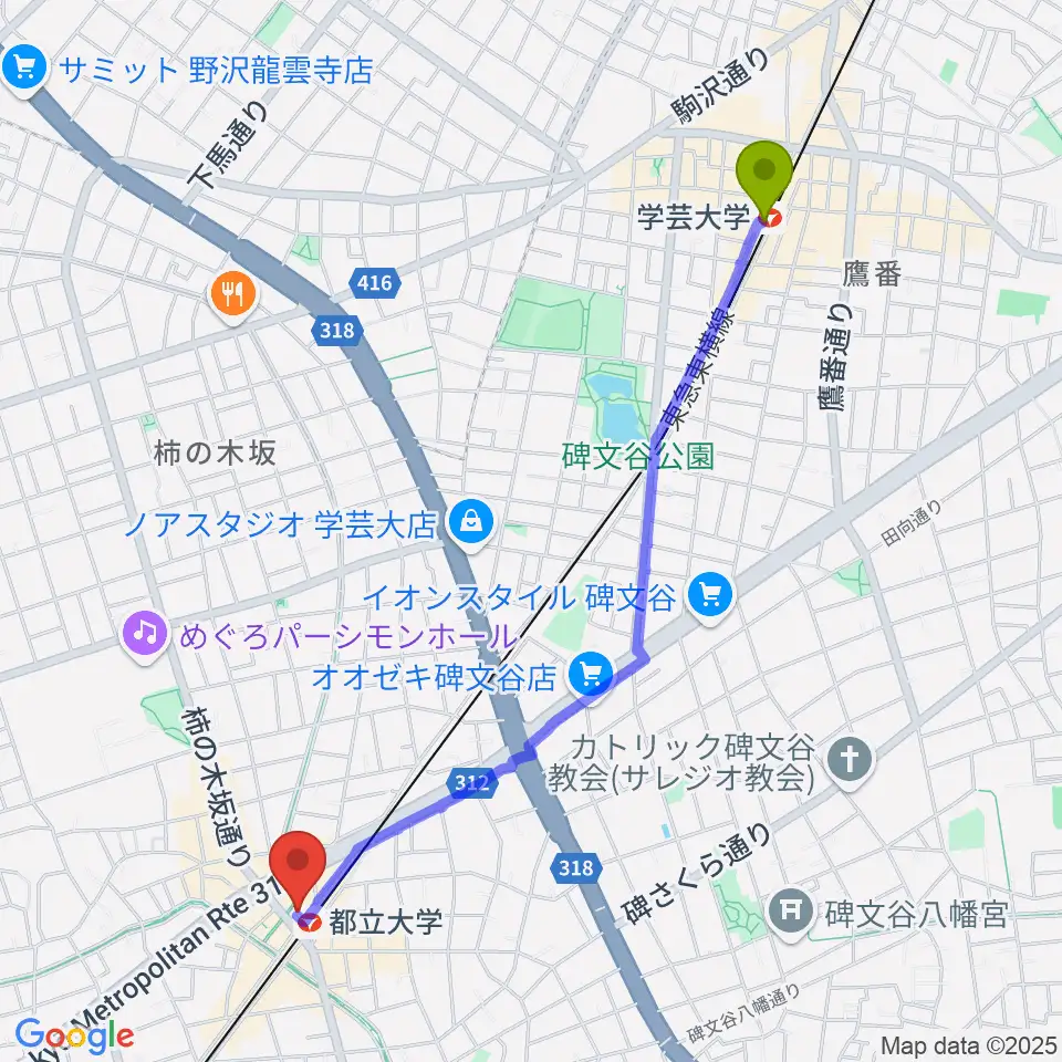 学芸大学駅からカワイ音楽教室 都立大学センターへのルートマップ地図