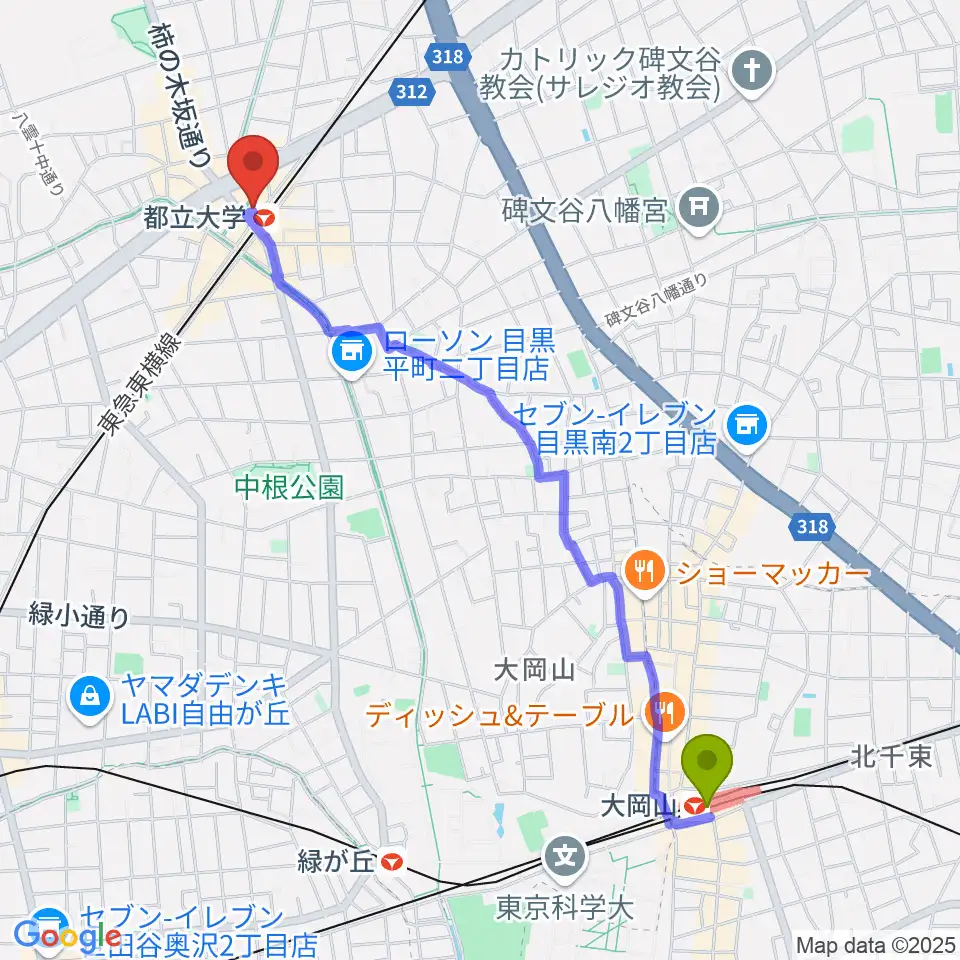 大岡山駅からカワイ音楽教室 都立大学センターへのルートマップ地図