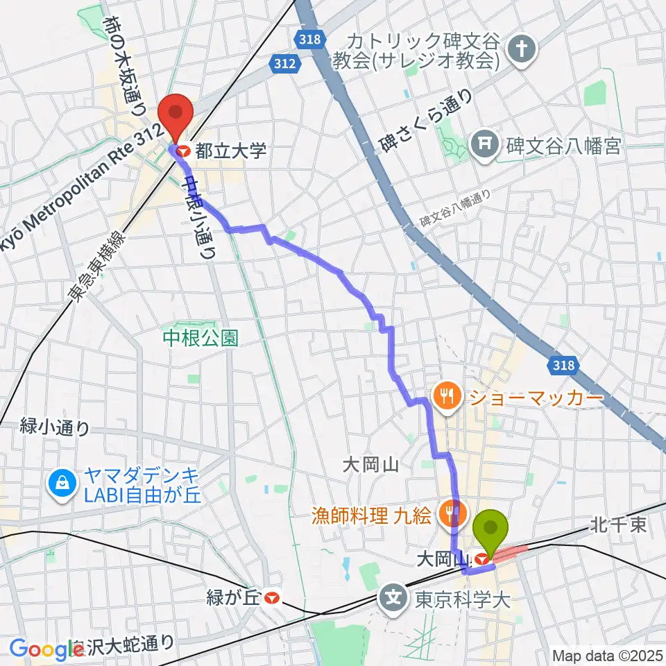 大岡山駅からカワイ音楽教室 都立大学センターへのルートマップ地図