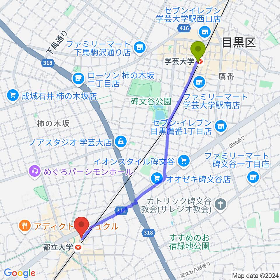 学芸大学駅から都立大学イーハトーブへのルートマップ地図